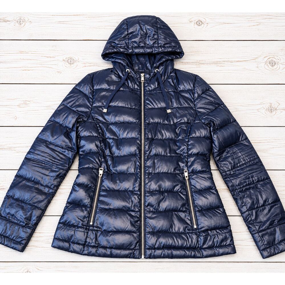 Andrew Marc Navy Blue Shiny Quilted Puffer Hooded Zip Front Jacket Size S 4883